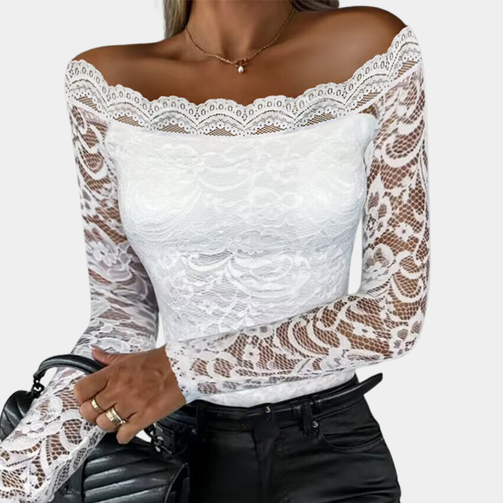 Sofia stilfuld off-shoulder blondetop til kvinder | Elegant skjorte til kvinder | Blondebluse