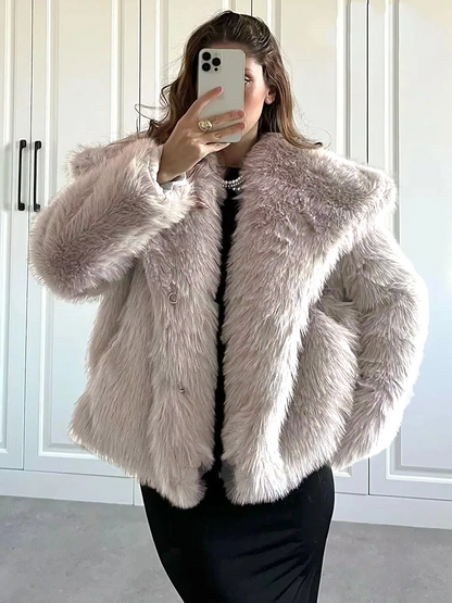 Amara faux fur vinterfrakke til damer | Varm pelsfrakke til kvinder | Stilfuld efterårs- og vinterfrakke i beige | Blødt og luksuriøst look til kolde dage