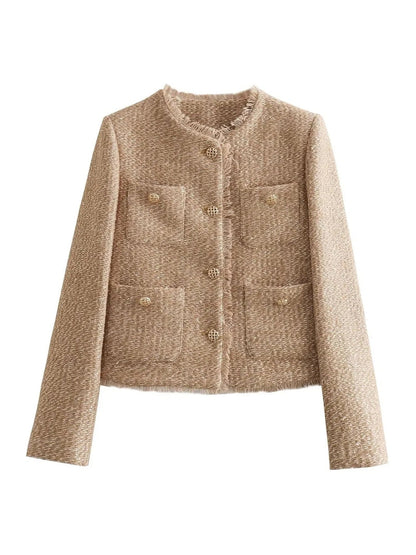 Alicia kort tweedjakke til damer | Chic foret jakke | Cropped jakke Khaki